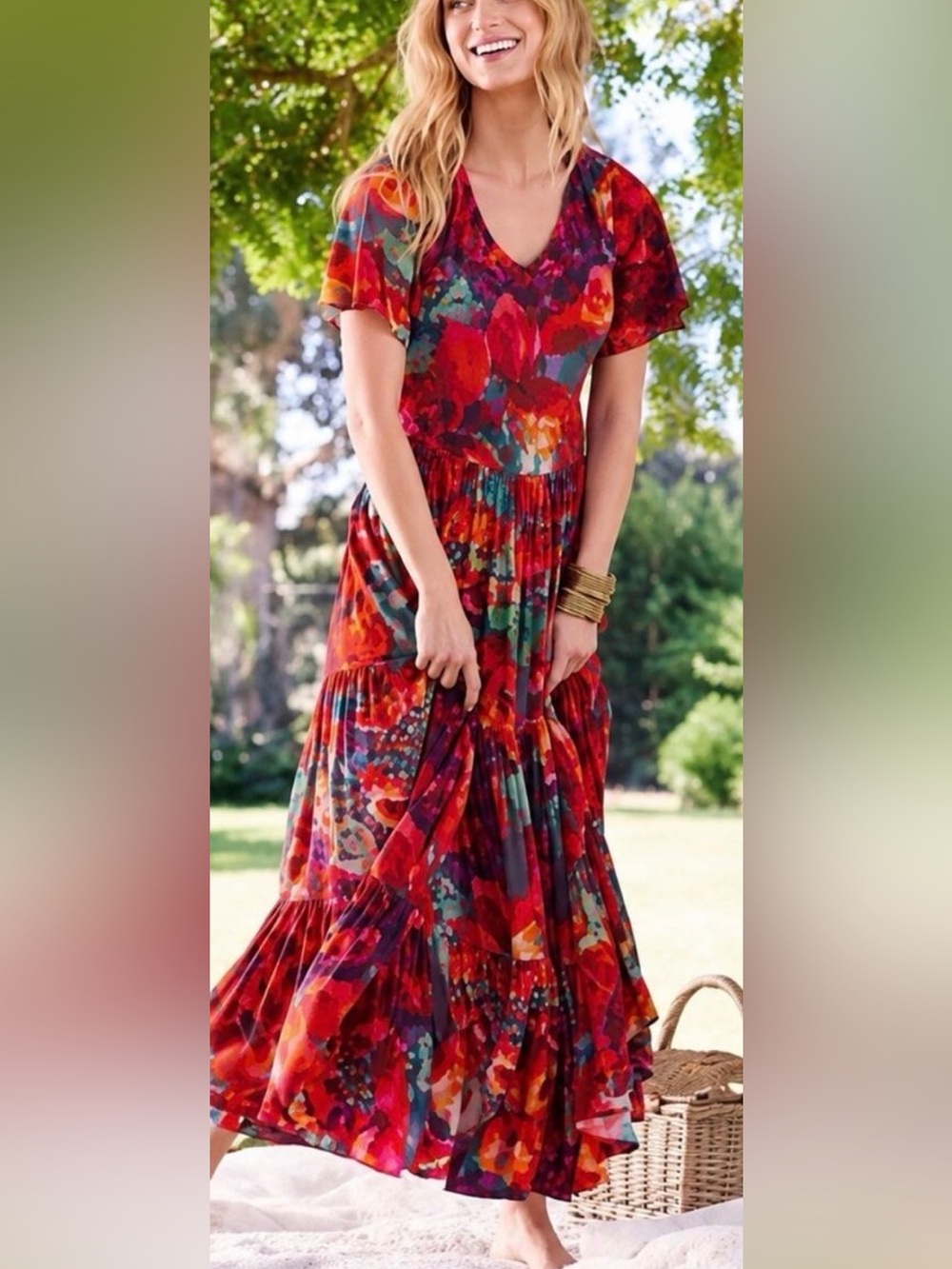 Soft Surroundings Printemps Maxi Dress Multicolor Floral Tiered Boho V-Neck M